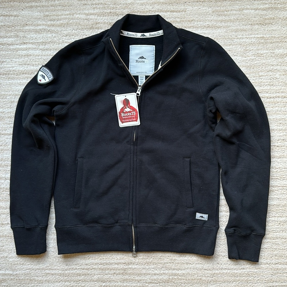 NWT ROOTS 73 Pinehurst Fleece Full Zip Mock Neck Sweater Jacket Black Medium